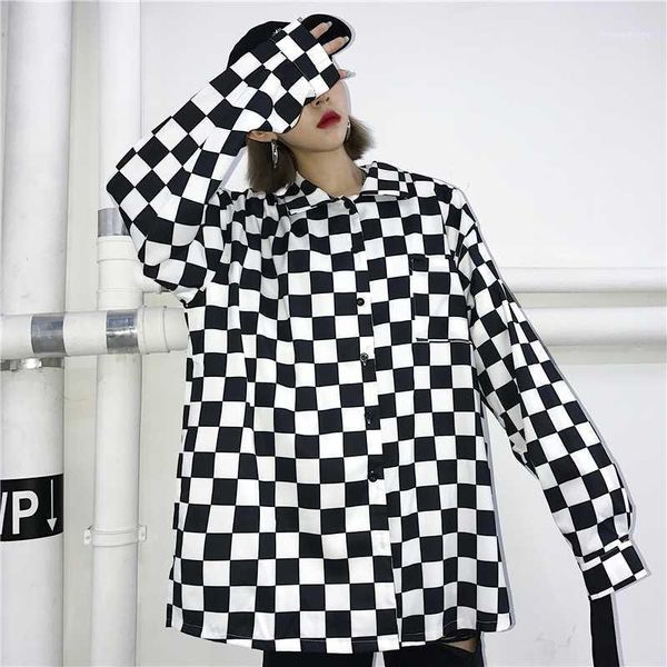 

plaid blouse women black and white checkerboard shirt loose long sleeve polyester blouses streetwear womens clothing autumn1