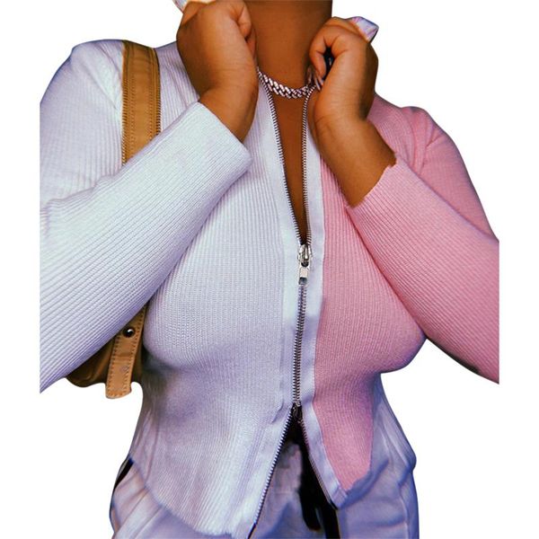 

women color block knitted double zipper round neck long sleeve stitching knitwear, White