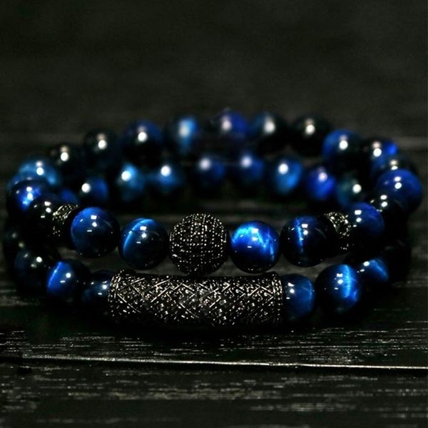 

new 2pcs/ set of luxury natural tiger eye stone bracelet ladies and gentlemen jewelry necklace bracelet gift men's bracelet y200107, Golden;silver