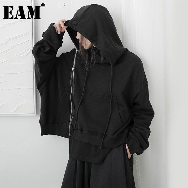 

women's hoodies & sweatshirts [eam] loose fit black zipper irregular sweatshirt round neck long sleeve women big size fashion spring au
