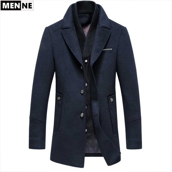 

menne men jacket business casual warm wool coat autumn winter mens jacket woolen coat internal removable vest, Black
