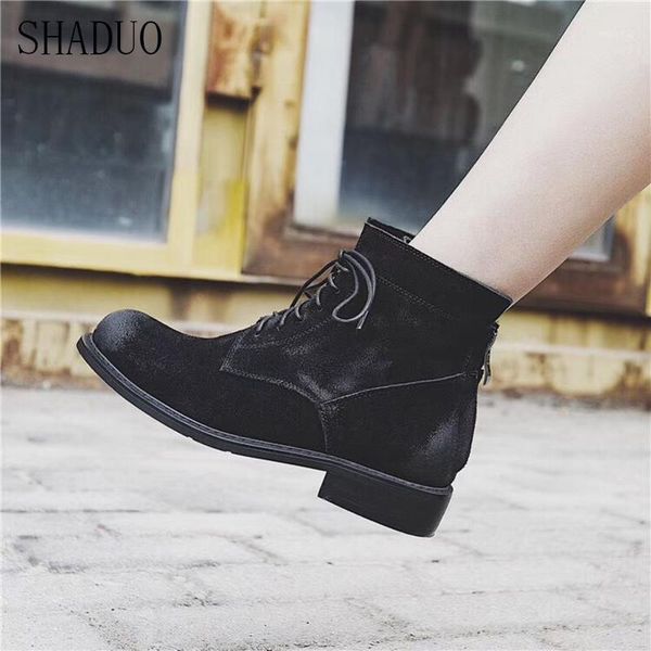 

boots 2021 shaduo women frosted leather lace-up women's ankle 2.5cm1, Black