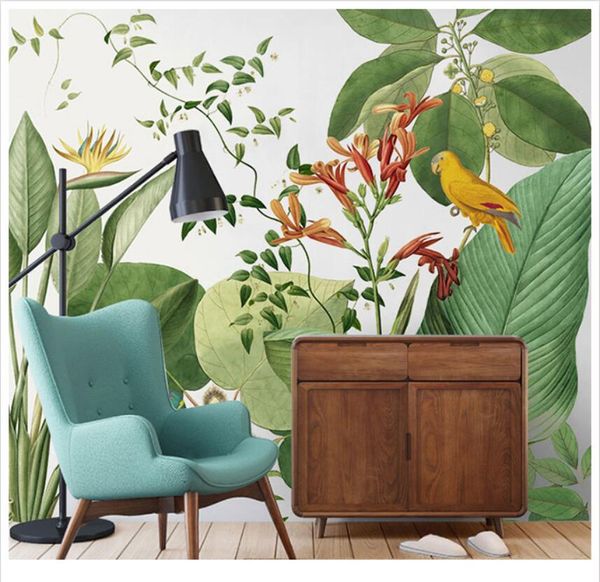 Роспись тропического дождевого леса обои Зеленое растение телевизор фона индивидуальная гостиная стена ткани обои