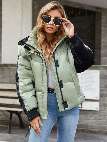 

gasman bishop sleeve colorblock hooded puffer coat r381#, Black