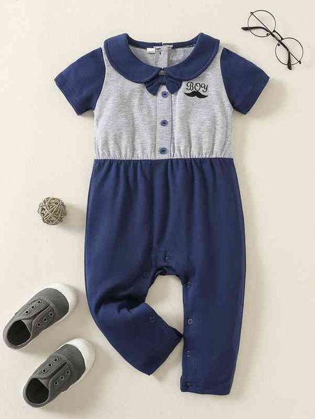 

baby colorblock letter & mustache print bow front jumpsuit she, Blue