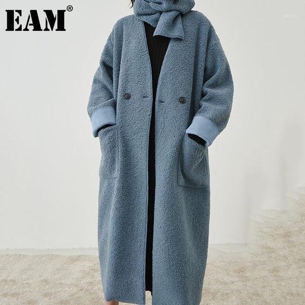 

eam] loose fit blue big size long oversized lambswool coat parkas new long sleeve women fashion tide autumn winter 2021 1dd20601, Black
