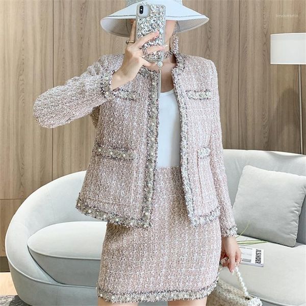 

cbafu rhinestone pearls plaid tweed jacket coat suit office lady elegant two piece set tweed pencil mini skirts plus size f7551, Gray