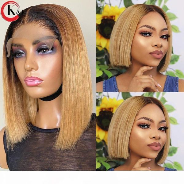 

kungang omber bob 4*4 lace closure wigs 130% density lace front human hair wigs middle ratio wig non-remy hair, Black;brown