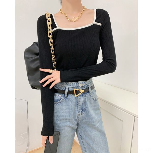 

xmoz3 2020 корейская основная и простая новая трубка осенью квадратный воротник воротник контрастного цвета прямого зима футболка с коротким, White