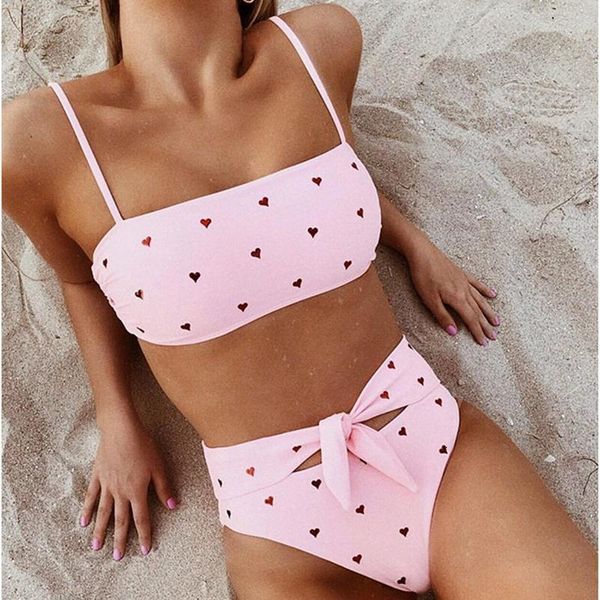 

vieunsta summer high waist women bikini set swimsuit print push-up swimwear femme bow knot bathing suit beach wear biquini, Black