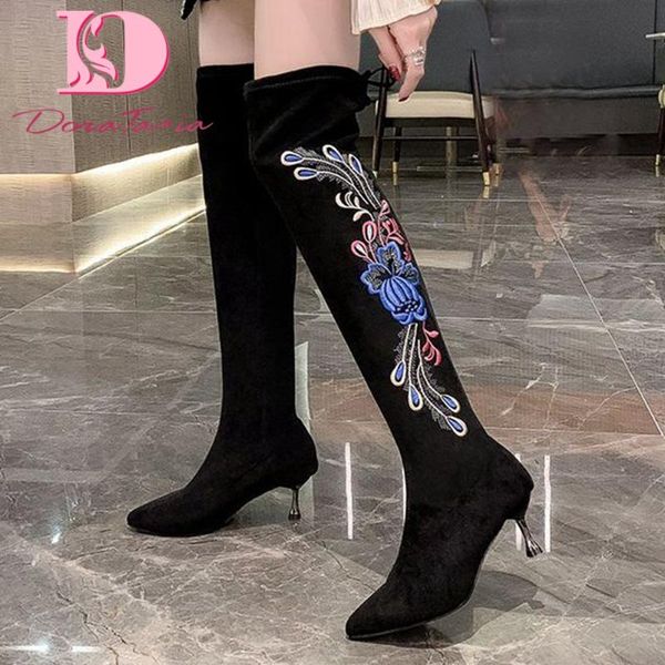 

doratasia brand new female thin high heels over the knee boots pointed toe lace up boots women party embroider shoes woman, Black