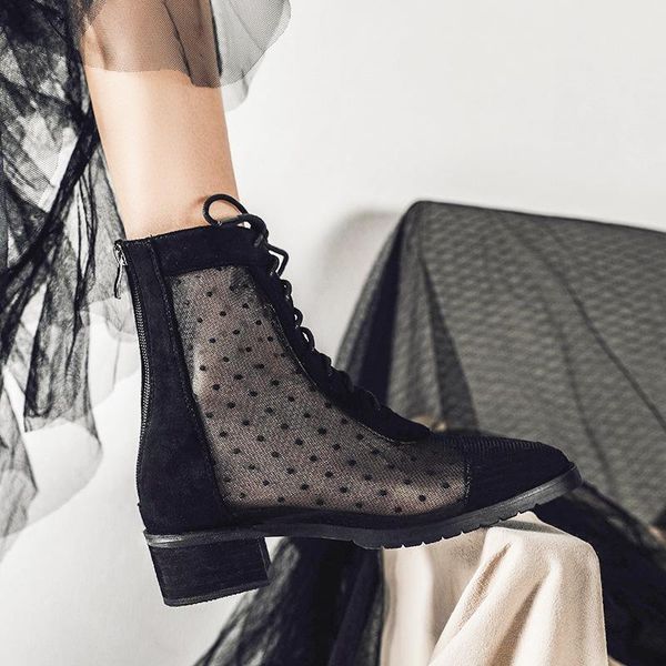 

rome cool boots women's 2021 summer breathable mesh british style thin joker thick heel fashion, Black