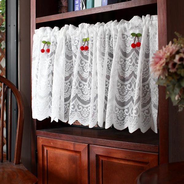 

curtain & drapes white lace short with red cherry decoration caffee