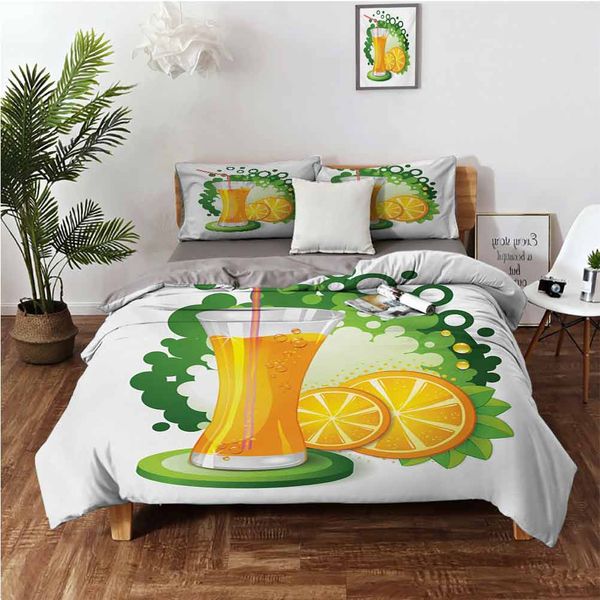 

glass of orange juice with green toned background with fruit slices leavesbedding 3-piece set