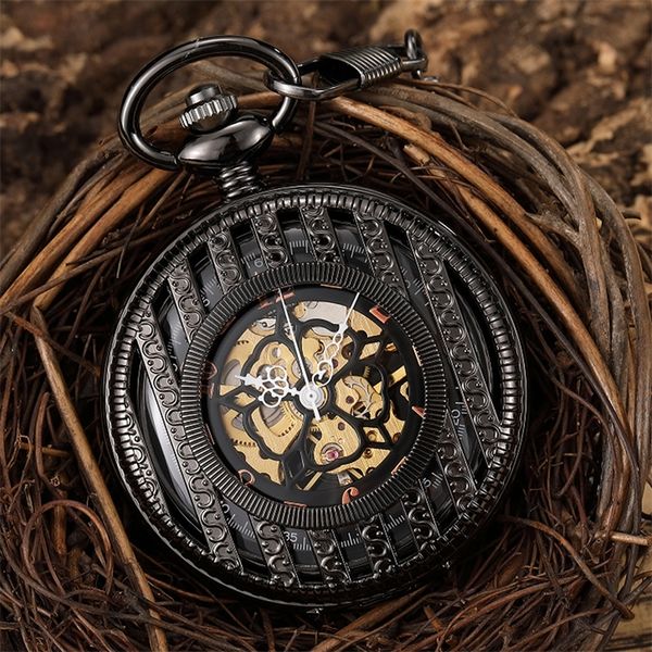

full black hand-winding mechanical pocket watch vintage skeleton hollow dial fob watches & necklace with chain for men and women t200502, Slivery;golden