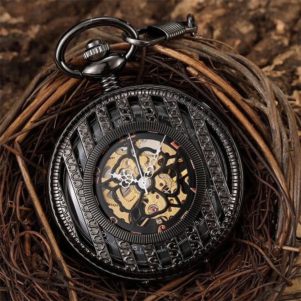 Orologio da taschino meccanico a carica manuale nero pieno orologio da taschino con quadrante vuoto scheletro vintage collana con catena per uomo e donna T200502