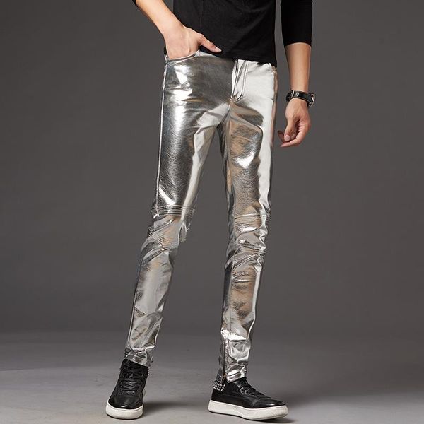 

men's pants motorcycle pu leather mens brand skinny shiny gold black joggers trousers nightclub stage for singers dancers