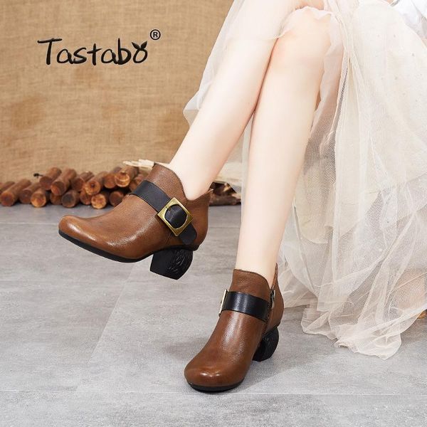 

tastabo manual genuine leather high heel women's boots black brown vintage texture s3655-5 comfortable women's shoes daily shoes