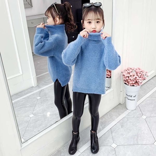 

with and girls' new plush sweater thickened winter zhongda children's 2020 foreign sle high collar solid color bottom coat net red, Blue