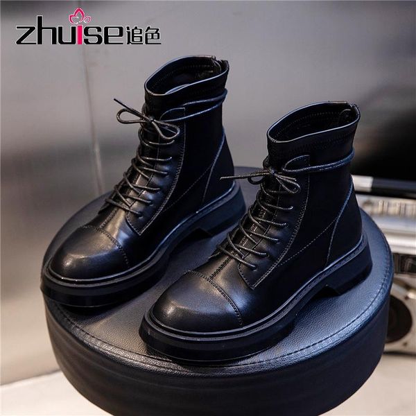 

boots 2021 autumn and winter short british style thick-soled thick-heel leather mid-tube women's shoes, Black