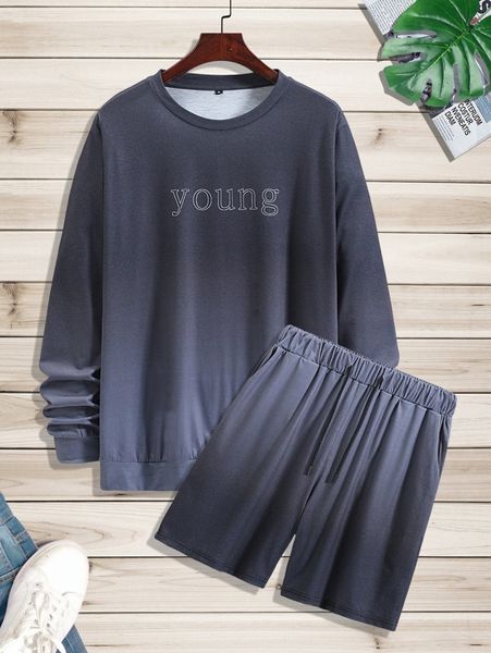 

men letter graphic ombre sweatshirt & drawstring waist shorts w5bt#, Gray