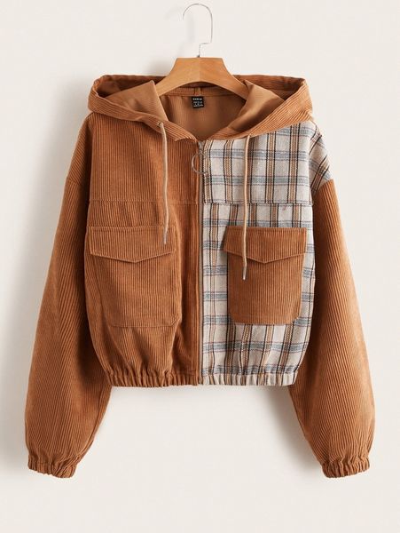 

plaid panel drop shoulder drawstring hooded corduroy jacket a1xx#, Black;brown