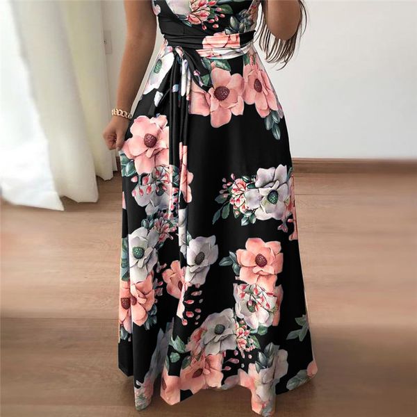 

ranlege women summer dress 2020 casual short sleeve long dress boho floral print maxi dress turtleneck elegant dresses vestido lj201203, White;black