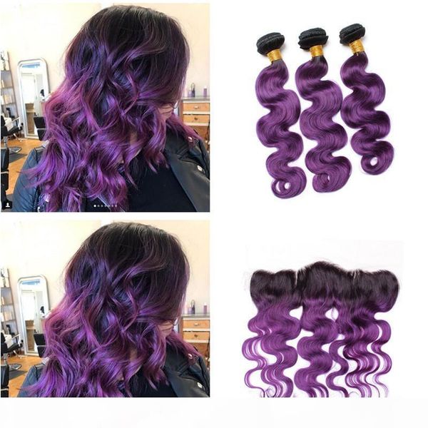 

new arrive two tone 1b purple ombre body wave virgin human hair weave 3 bundles with 13*4 full lace frontal closure with bundles, Black;brown