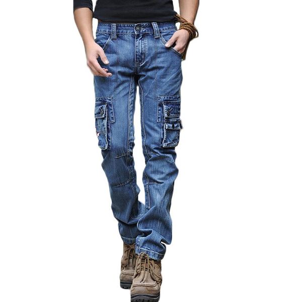 

aboorun men's blue cargo jeans multi pockets long straight fit denim pants men's outdoor casual jeans x1648