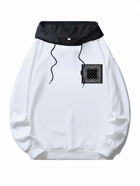 

romwe guys colorblock paisley & scarf print hoodie q1ur#, Black