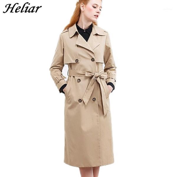 

heliar 2020 spring office lady elegant double-breasted v neck belted solid coat streetwear fashion women coats button belt coat1, Tan;black