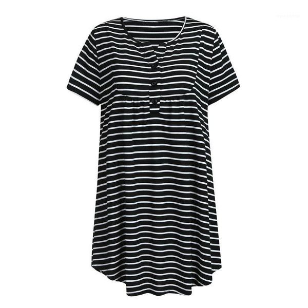 

maternity dresses sagace pregnant women round neck button slim straight pleated skirt baby mother color matching stripes home pajamas skirt1, White