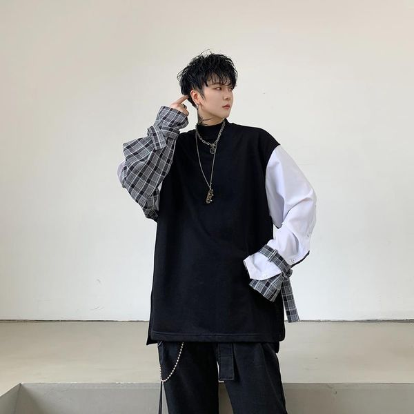 

men splice long sleeve loose half turtleneck casual pullover hoodie male women streetwear hip hop sweatshirt outerwear, Black