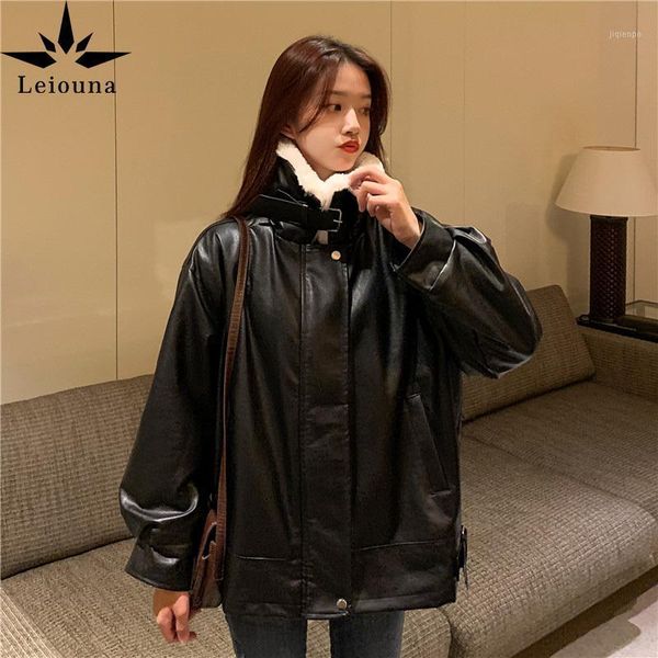 

women's fur & faux leiouna casual loose v-neck 2021 fashion women pu coat one plush high street thickened short cotton coat1, Black