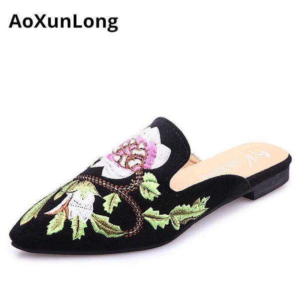 

aoxunlong new big size 35-42 fashion embroidered muller shoes women spring casual slippers women flip comfort slippers black hot
