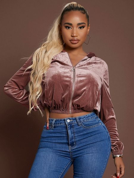 

zip up hooded crop velvet jacket b2yw#, Black;brown