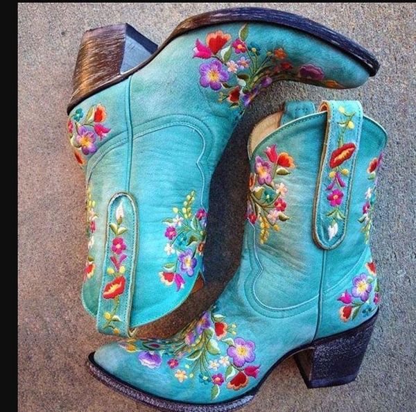 

boots 2021 female shoes blue floral designed low heels pu leather quality embroidery woman boots1, Black