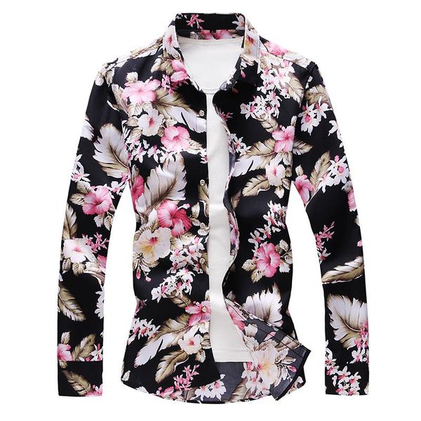 

autumn new fashion floral print slim fit shirts men's long sleeve casual dress shirts flower shirt men plus size 6xl 7xl, White;black