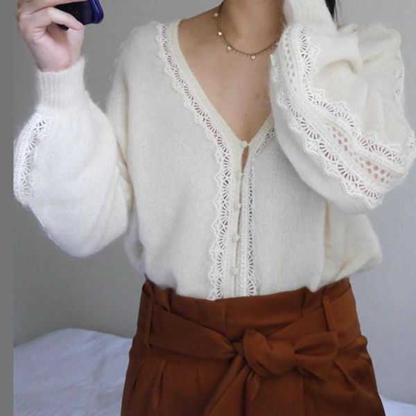 

lace hollow out sweater women's v-neck long sleeve white or black knitted cardigans
