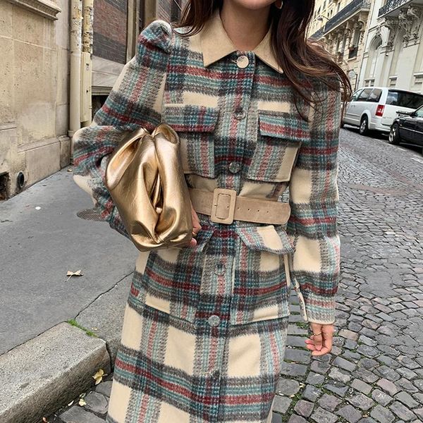 

ewq]2020 winter over knee style turn-down collar long-sleeved single breasted plaid minimalist woolen overcoat with belt 8q0321, Black