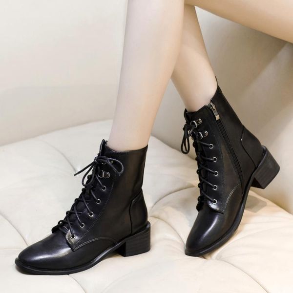 

women comfortable ankle boots woman lace up shoes black casual split leather boots fashion botas mujer 2020 new y0102