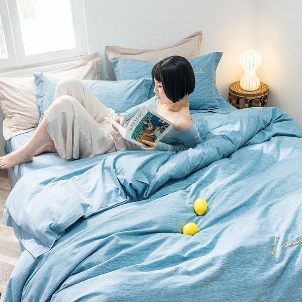 

bedding sets brief style pure cotton embroidery 4pcs bed duvet cover sheet pillowcase solid sky blue pink brown  king1