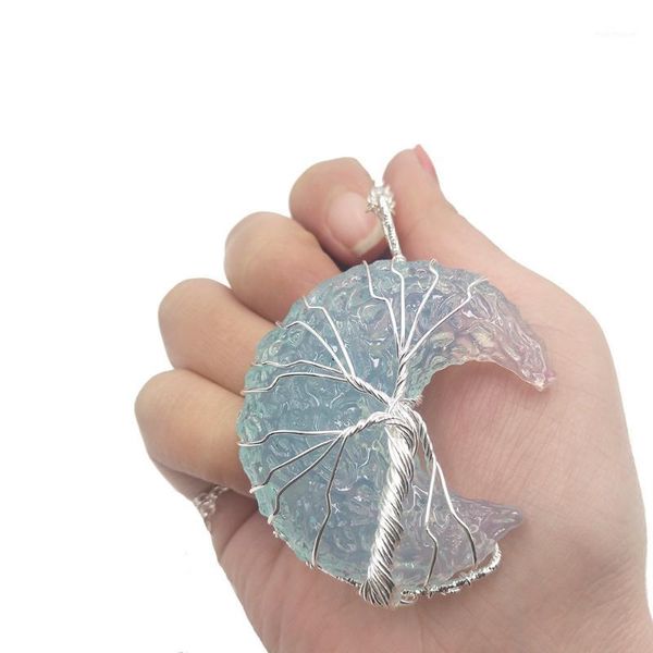 

handmade dreamy moon pendant necklace creative hand woven life tree gradient blue bumpy moon necklace for women birthday gifts1, Silver
