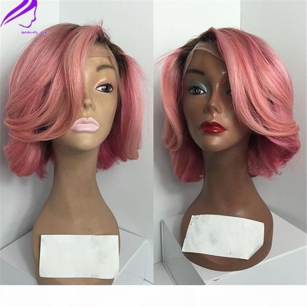 

150density natural wavy ombre color short synthetic lace wigs pink bob wig heat resistant hair wigs with baby hair, Black