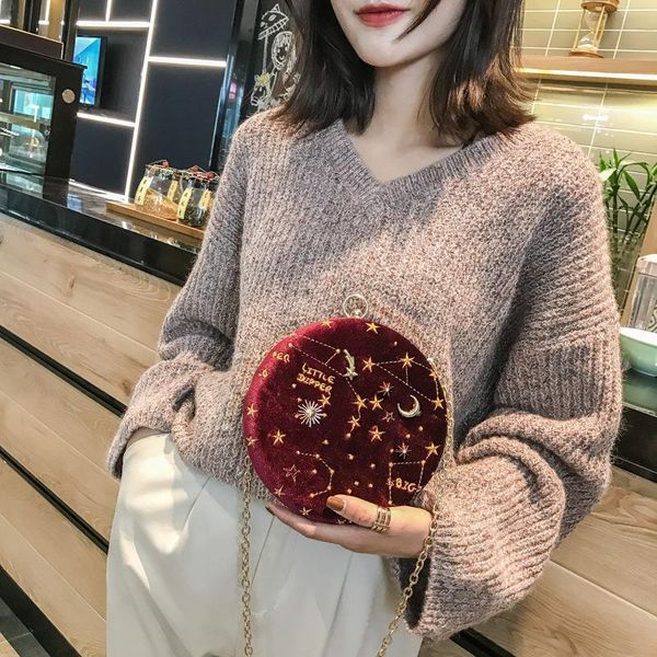 

autumn and winter velvet round chain bag women's clip star starry sky print single shoulder messenger bag