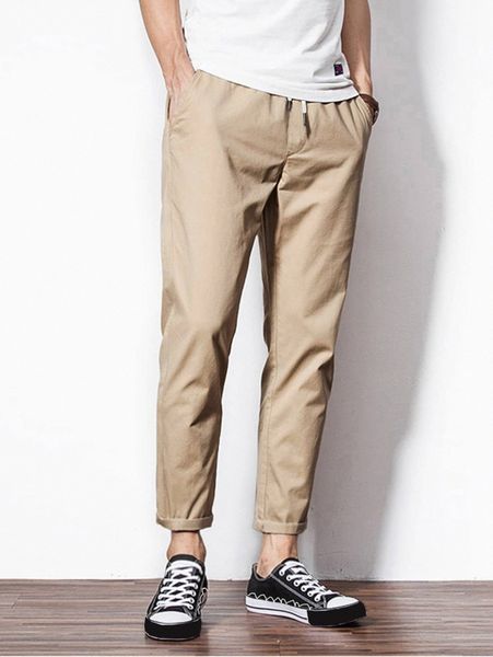 

men drawstring waist slant pocket pants f5me#, Black