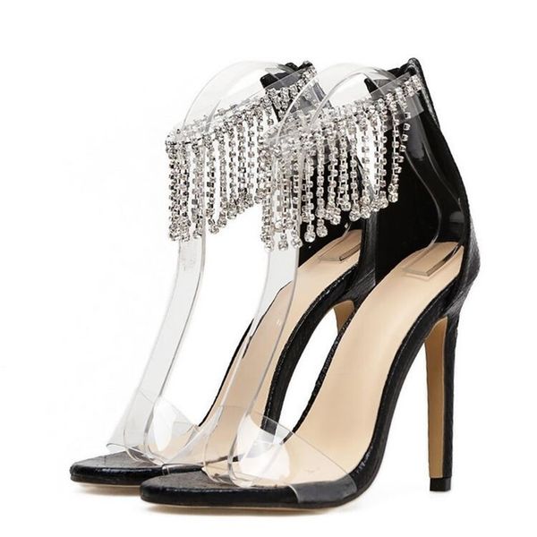 

bayuxshuo luxury rhinestone tassel high heel women zipper stilettos pumps thin sandals ladies wedding party shoes y200405, Black