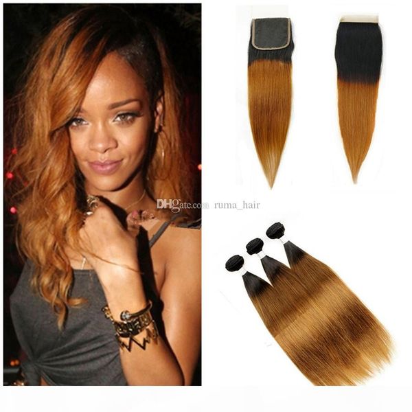 

t1b 30 light auburn ombre 3bundles with lace closure dark root human malaysian virgin hair weaves with lace closure two tone bundles, Black;brown