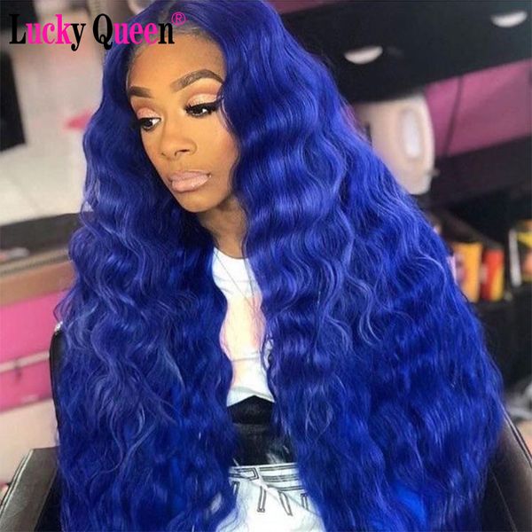 

lucky queen wigs brazilian deep wave blue colored transparent lace part human hair wigs pre plucked for black women 180% density, Black;brown