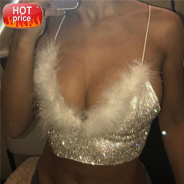 

deep v neck camis women spaghetti strap hairy shiny diamante backless fashion crop party night club camisole for lady #qj5l, White